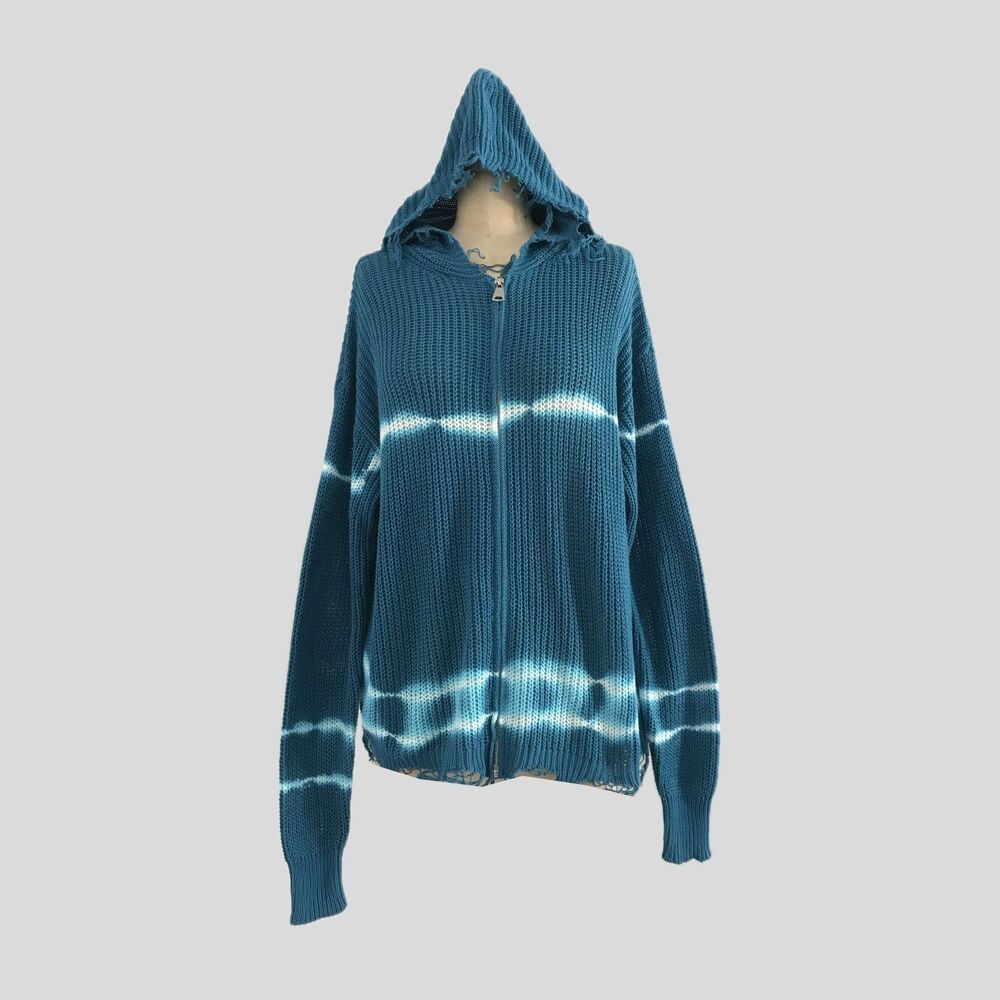 Elan Blue Cotton Tie Dye Knit Full Zip Cardigan Sweater Womens M/L